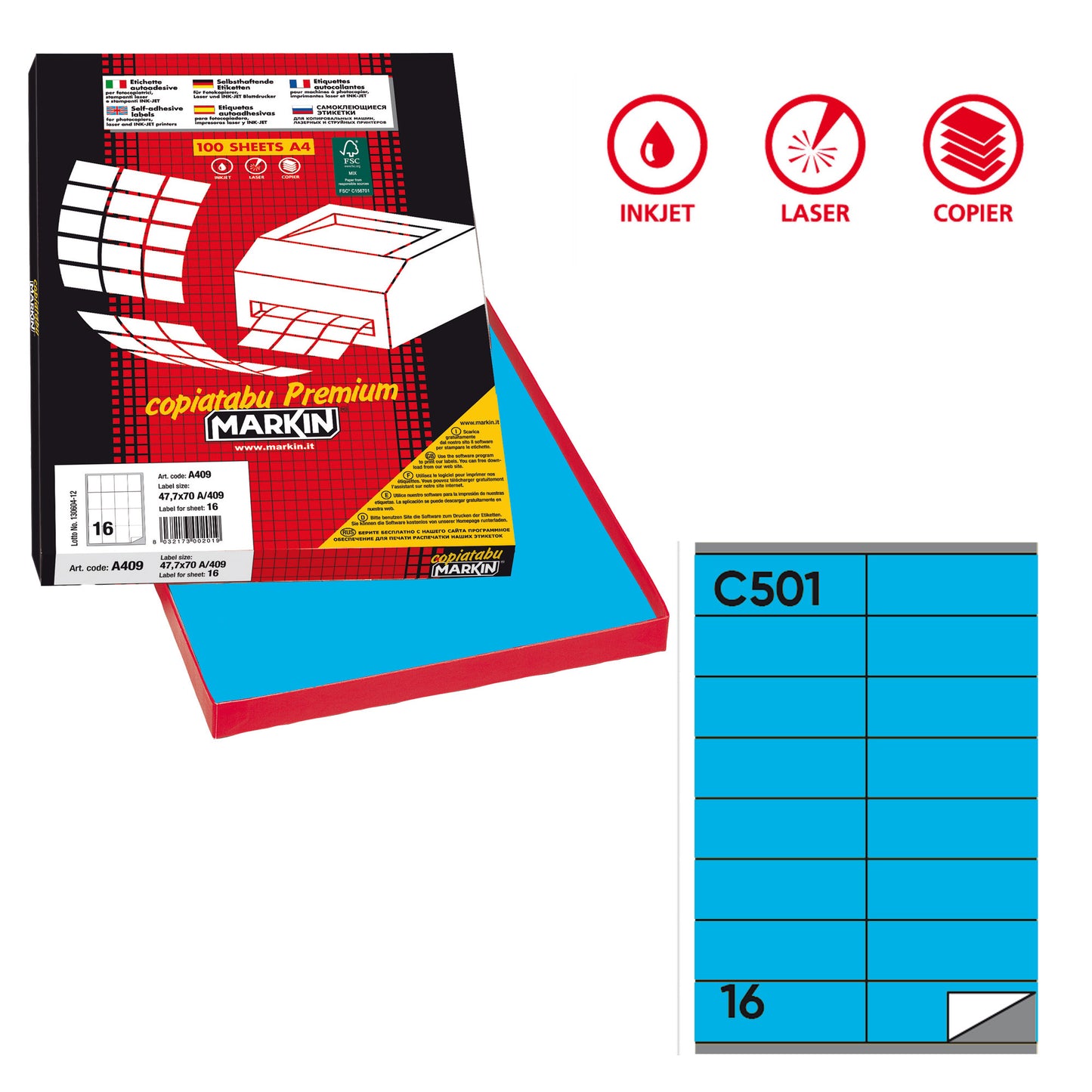 Etichette adesive C/501 - in carta - permanenti - 105 x 36 mm - 16 et/fg - 100 fogli - blu - Markin