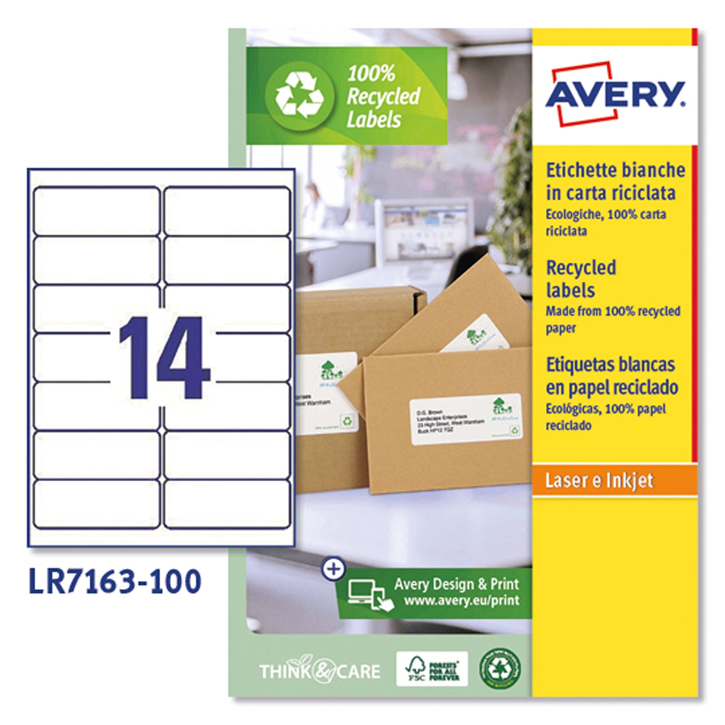 Etichette adesive - in carta riciclata - permanenti - 99,1 x 38,1 mm - 14 et/fg - 100 fogli - bianco - Avery