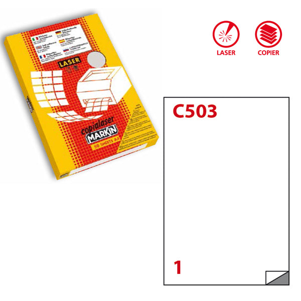 Etichette adesive C/503 - in poliestere - permanenti - 210 x 297 mm - 1 et/fg - 50 fogli - bianco opaco - x laser - Markin