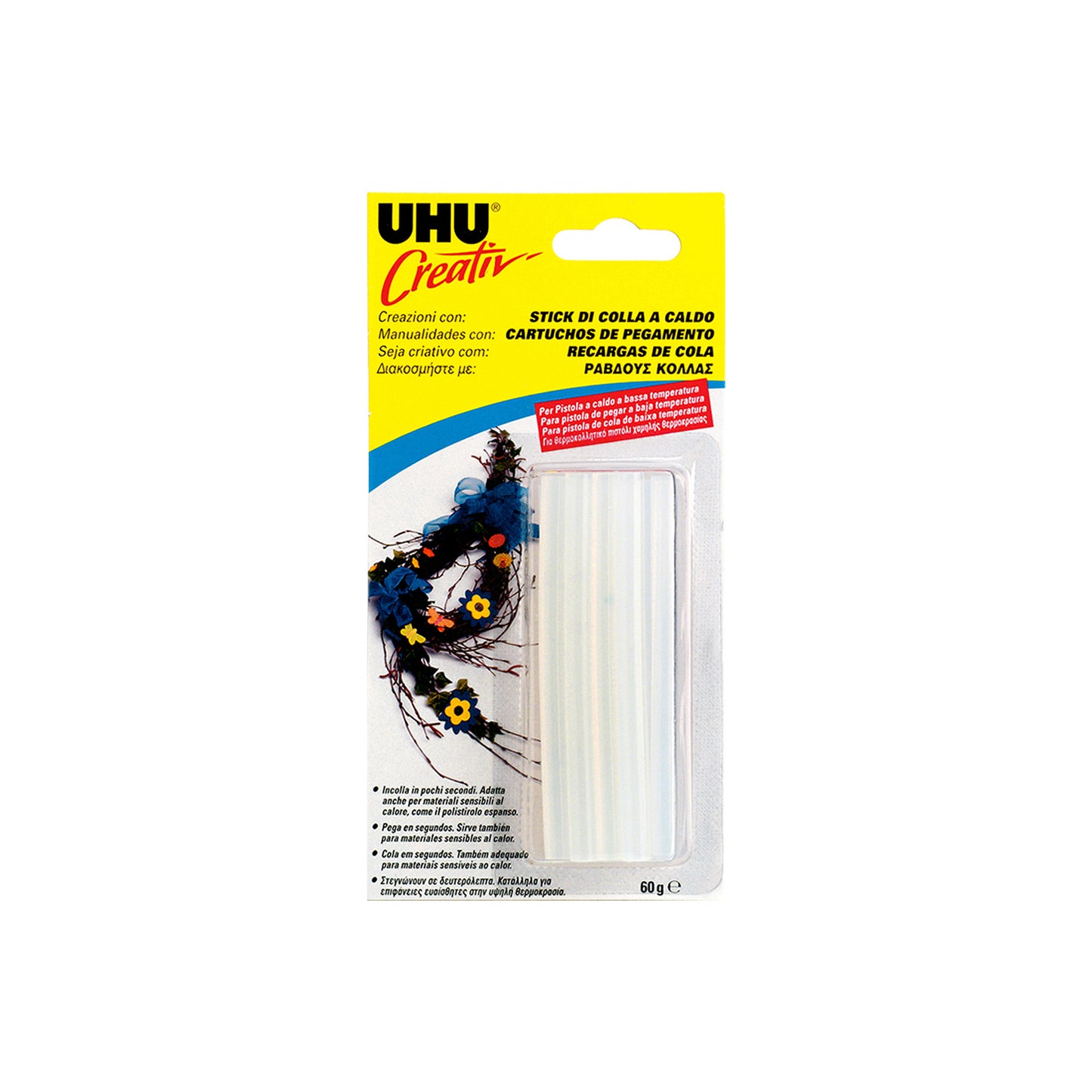 Colla termofusibile - diametro 7mm - 60gr - per bassa temperatura - Uhu - conf. 5 pezzi