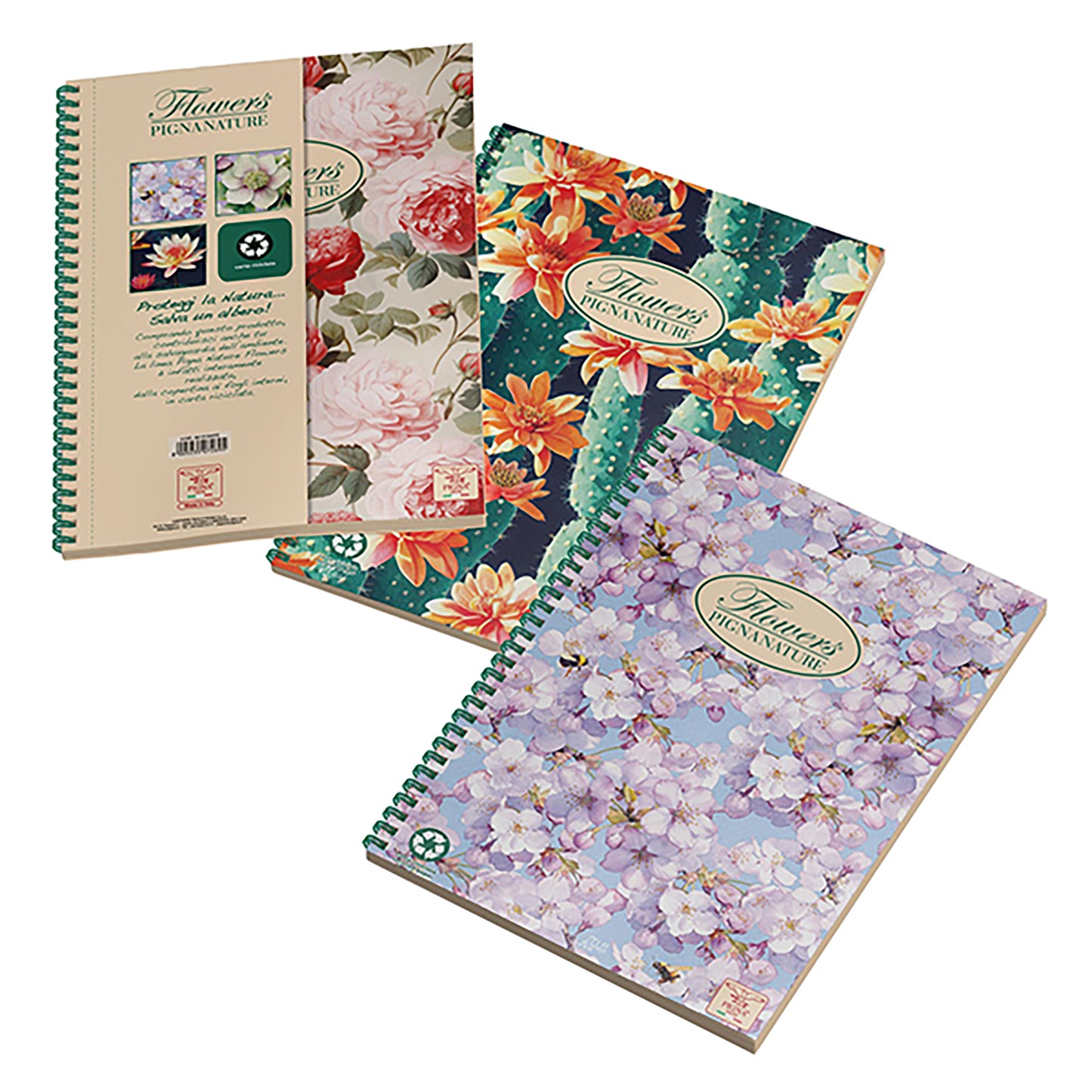 Maxiquaderno Nature Flowers - spiralato - 225 x 297mm - 4 fori - microperforato - 80 gr - 120 fogli - 5mm - Pigna