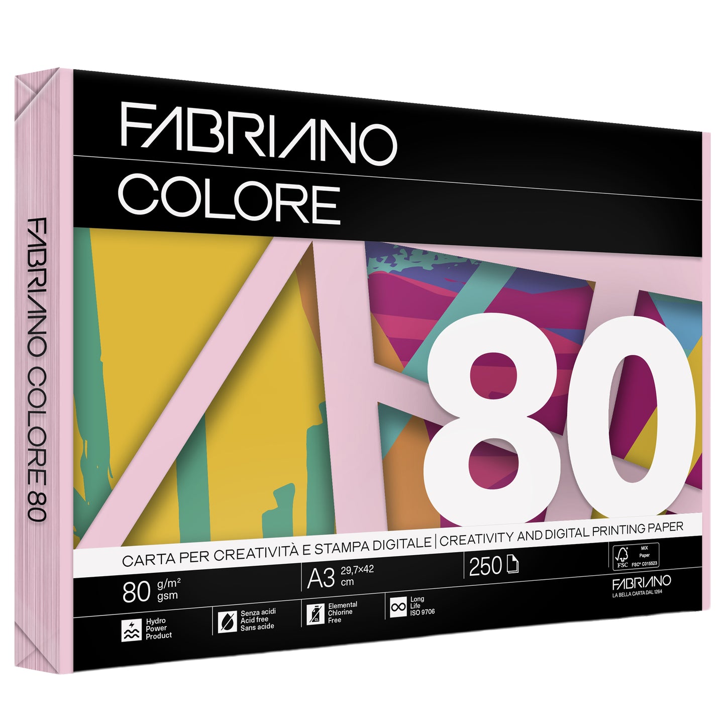 Carta Fabriano Colore - A3 - 80 gr - colori tenui rosa - Fabriano - conf. 250 fogli