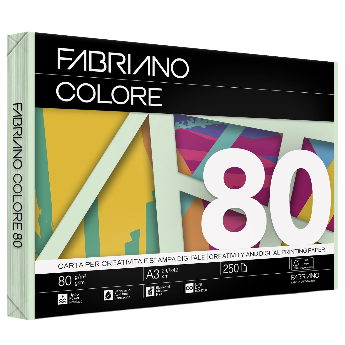 Carta Fabriano Colore - A3 - 80 gr - colori tenui verde chiaro - Fabriano - conf. 250 fogli