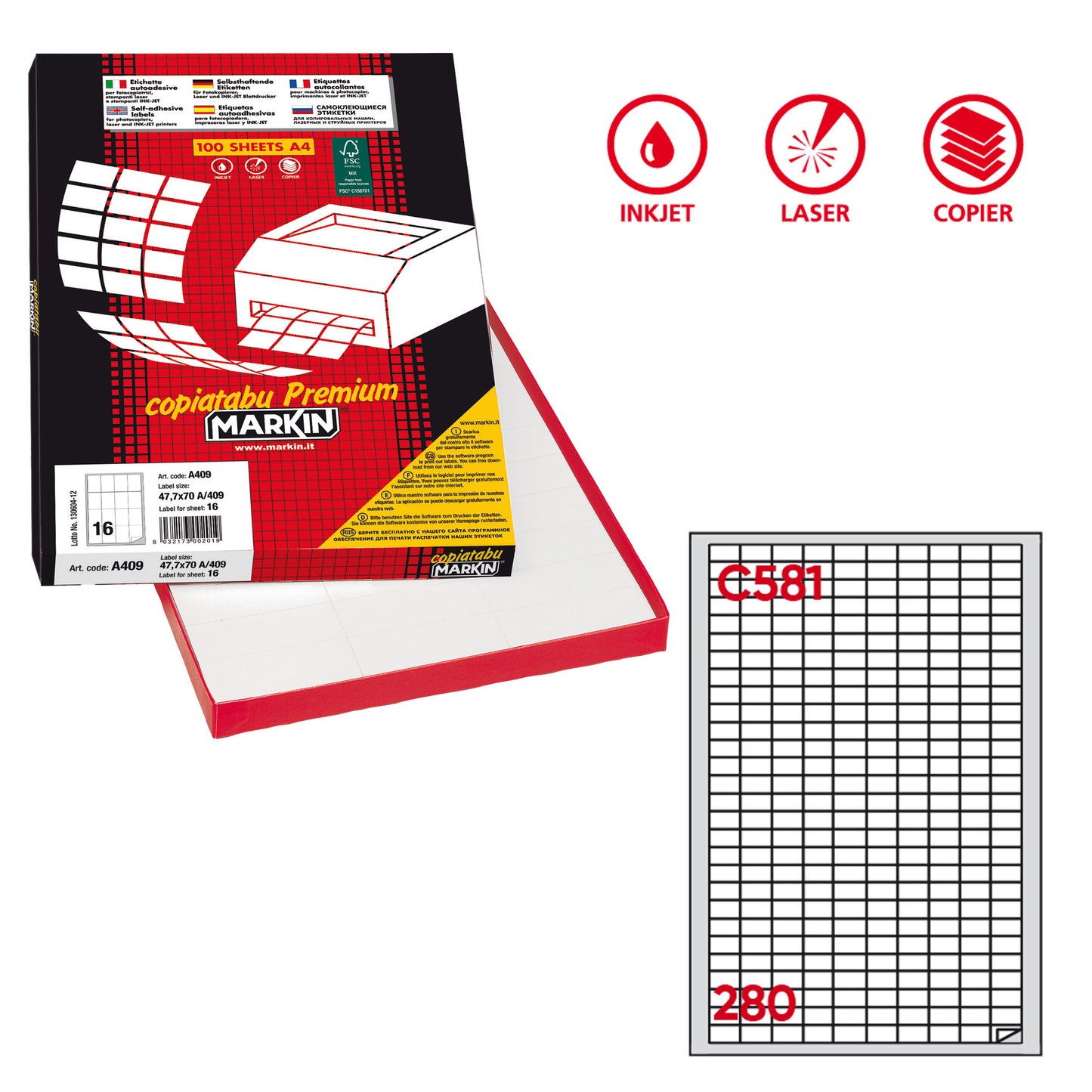 Etichette adesive C/581 - in carta - permanenti - 19 x 10 mm - 280 et/fg - 100 fogli - bianco - Markin