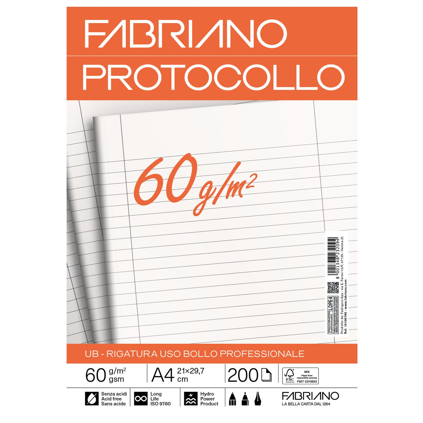 Foglio protocollo - A4 - uso bollo - 60 gr - Fabriano - conf. 200 pezzi