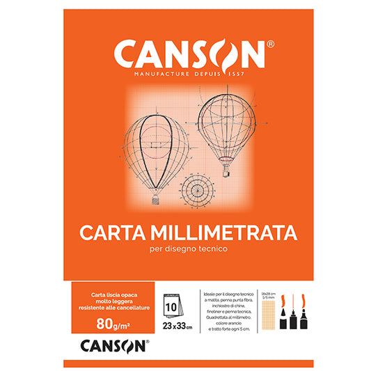 Blocco carta opaca millimetrata - 23 x 33 cm - 10 fogli - 80gr - Canson