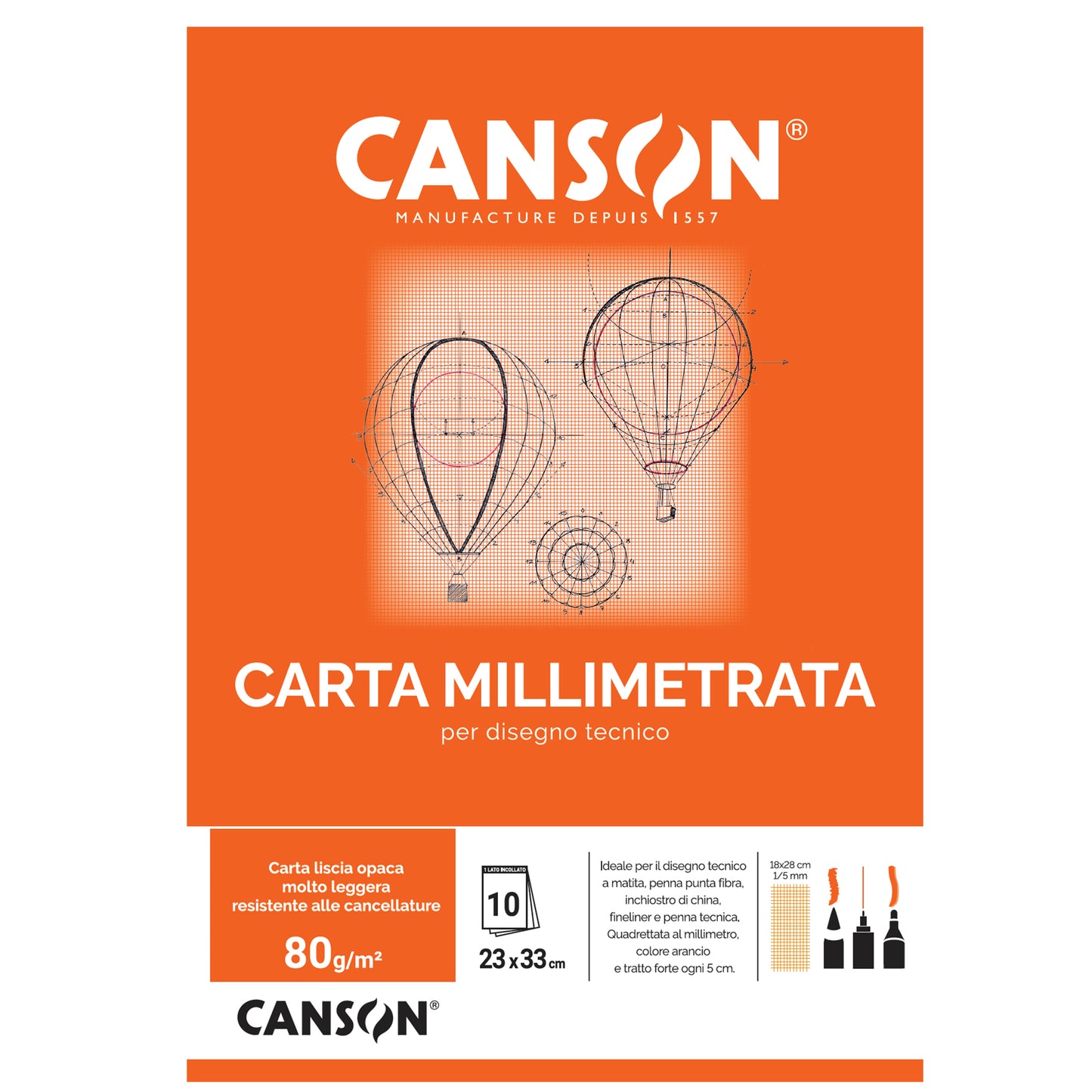 Blocco carta opaca millimetrata - 23 x 33 cm - 10 fogli - 80gr - Canson