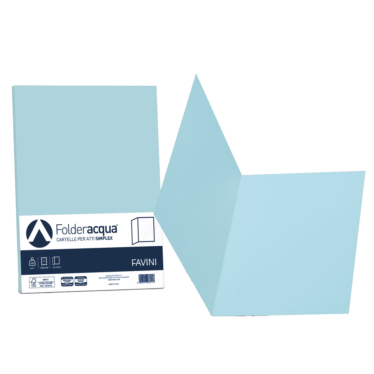 Cartellina semplice Acqua - 200 gr - A4 - celeste - cartoncino bristol - Favini - conf. 50 pezzi