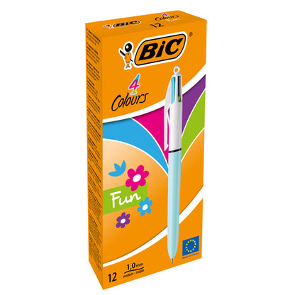 Penna a sfera a scatto  multifunzione  4 Colours Fun  - punta 1,0mm - rosa, verde chiaro, turchese, viola - Bic - conf. 12 pezzi