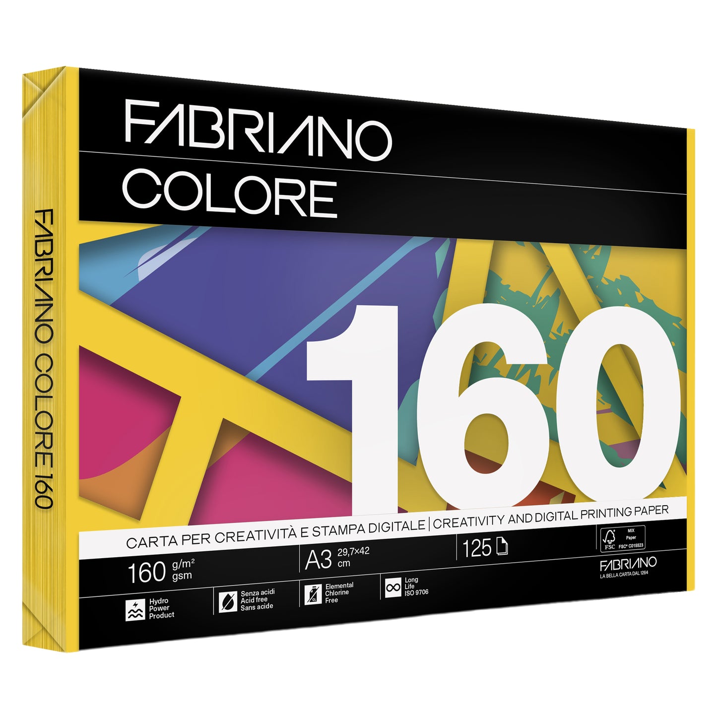 Carta Fabriano Colore - A3 - 160 gr - colori forti giallo - Fabriano - conf. 125 fogli