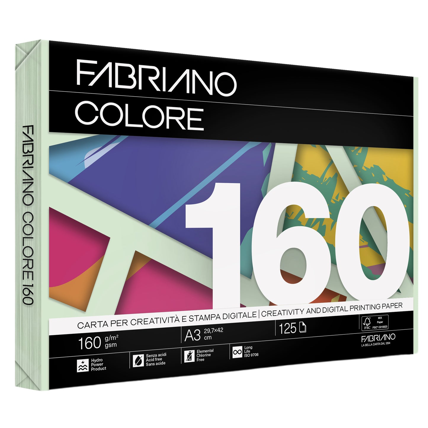 Carta Fabriano Colore - A3 - 160 gr - colori tenui verde chiaro - Fabriano - conf. 125 fogli