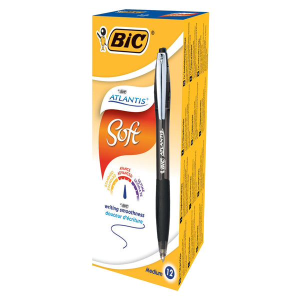 Penne a sfera a scatto Atlantis Soft - punta 1,0mm - nero  - clip in metallo - Bic - conf. 12 pezzi