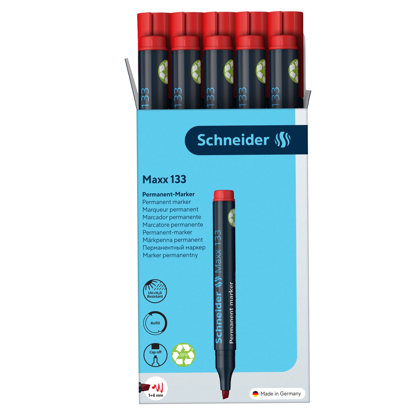 Marcatore permanente Maxx 133 - punta a scalpello -  tratto 1,00-4,00mm - rosso - Schneider