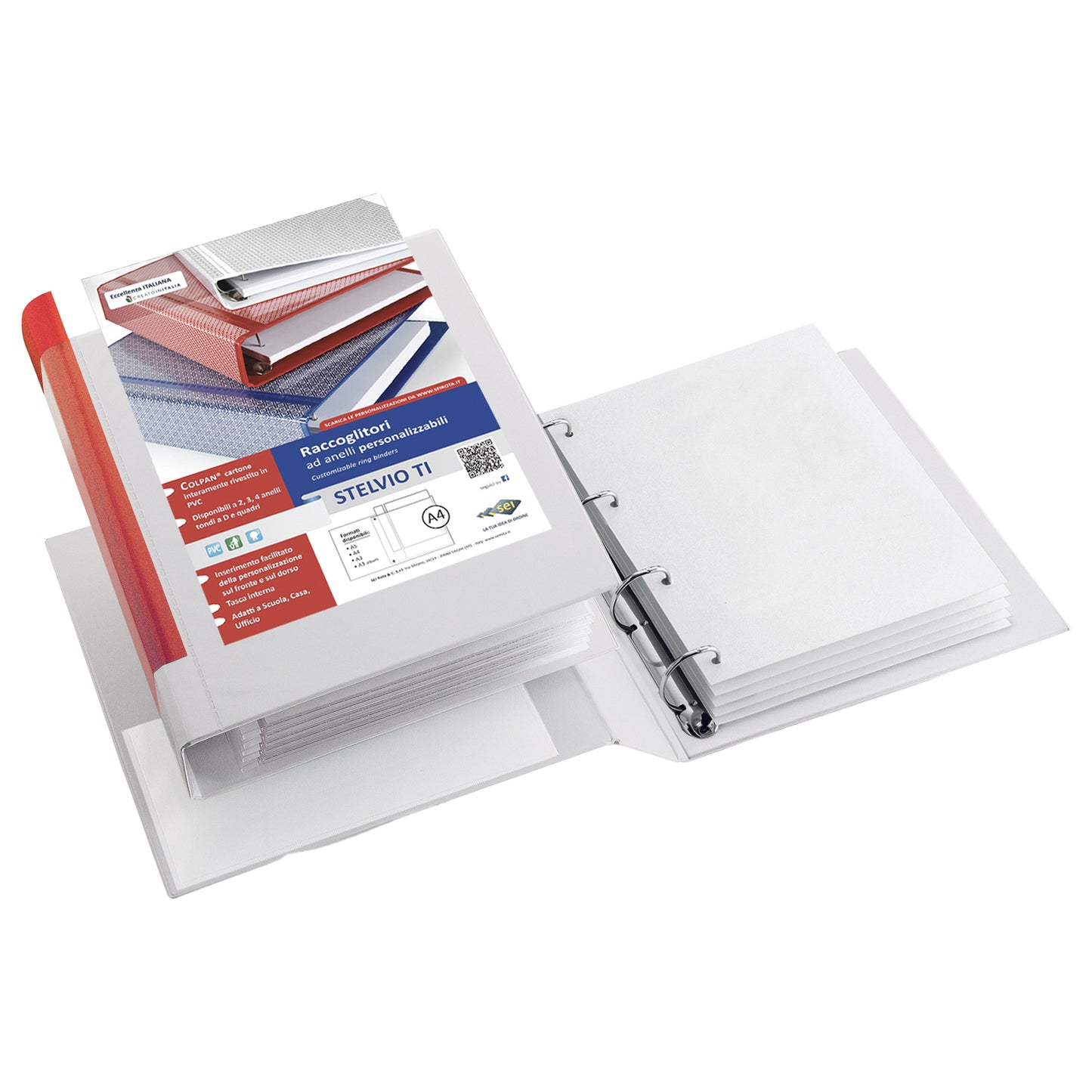 Raccoglitore personalizzabile Stelvio TI - 22 x 30 cm - 4 anelli a Q 80 mm - dorso 10 cm - bianco - Sei Rota