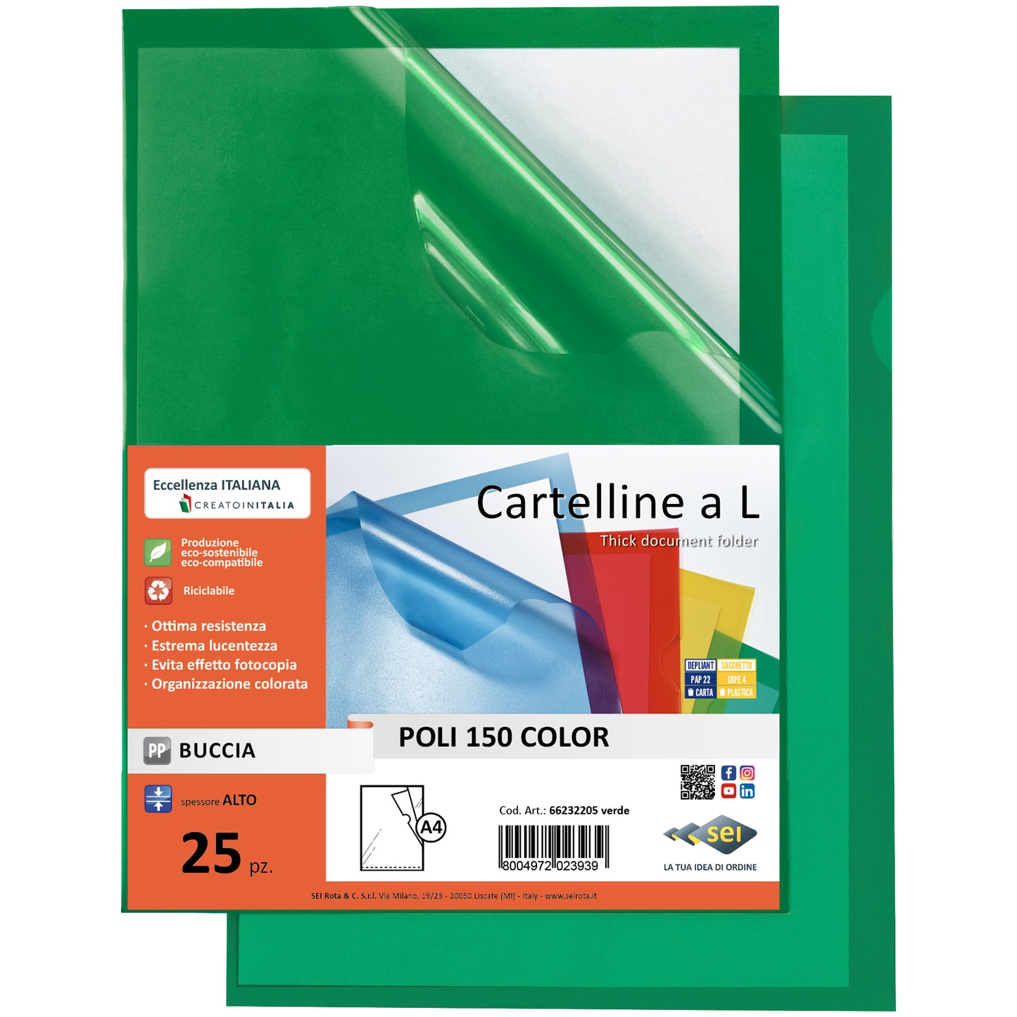 Cartellina a L Poli 150 Color - A4 - PP - buccia pesante - verde - Sei Rota - conf. 25 pezzi