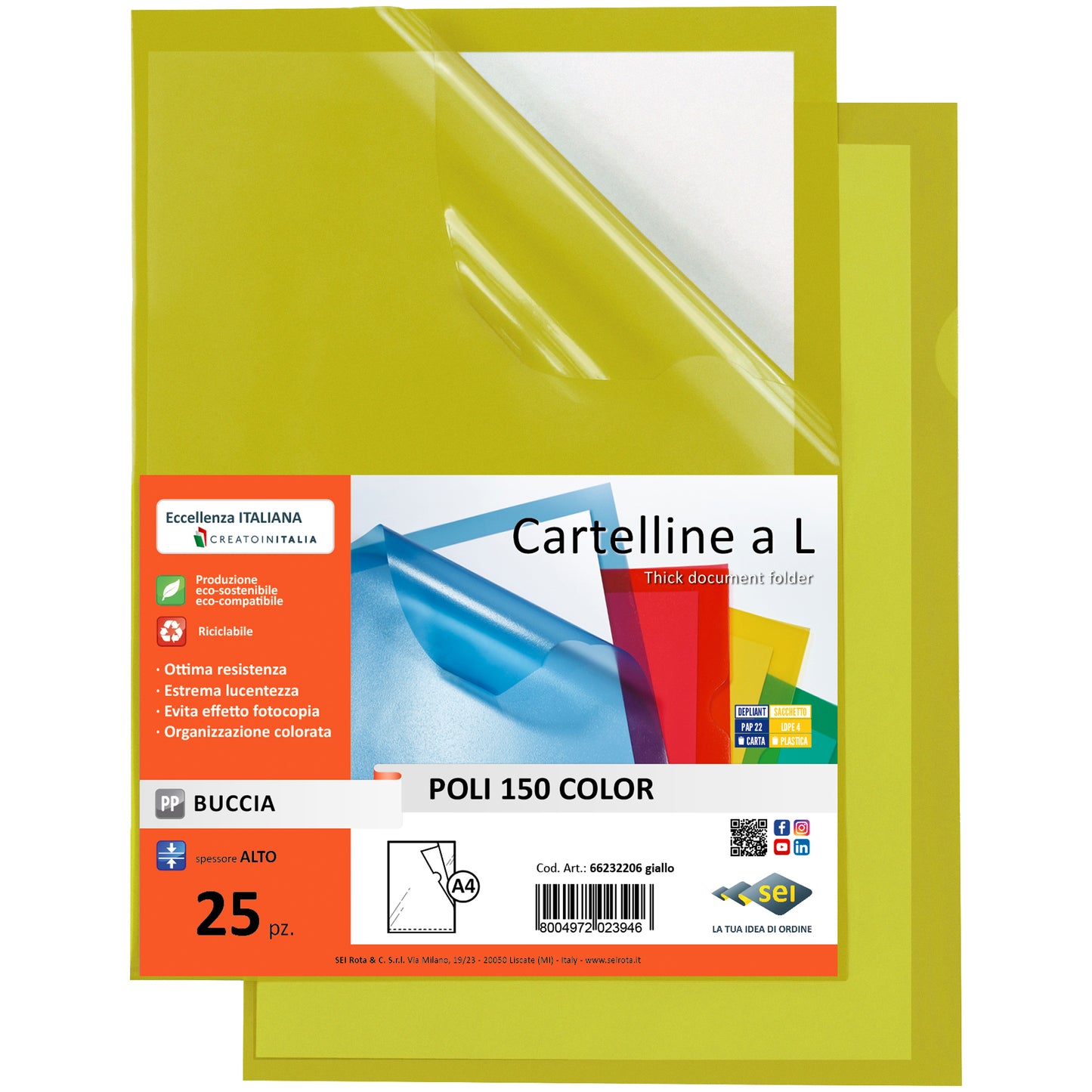 Cartellina a L Poli 150 Color - A4 - PP - buccia pesante - giallo - Sei Rota - conf. 25 pezzi