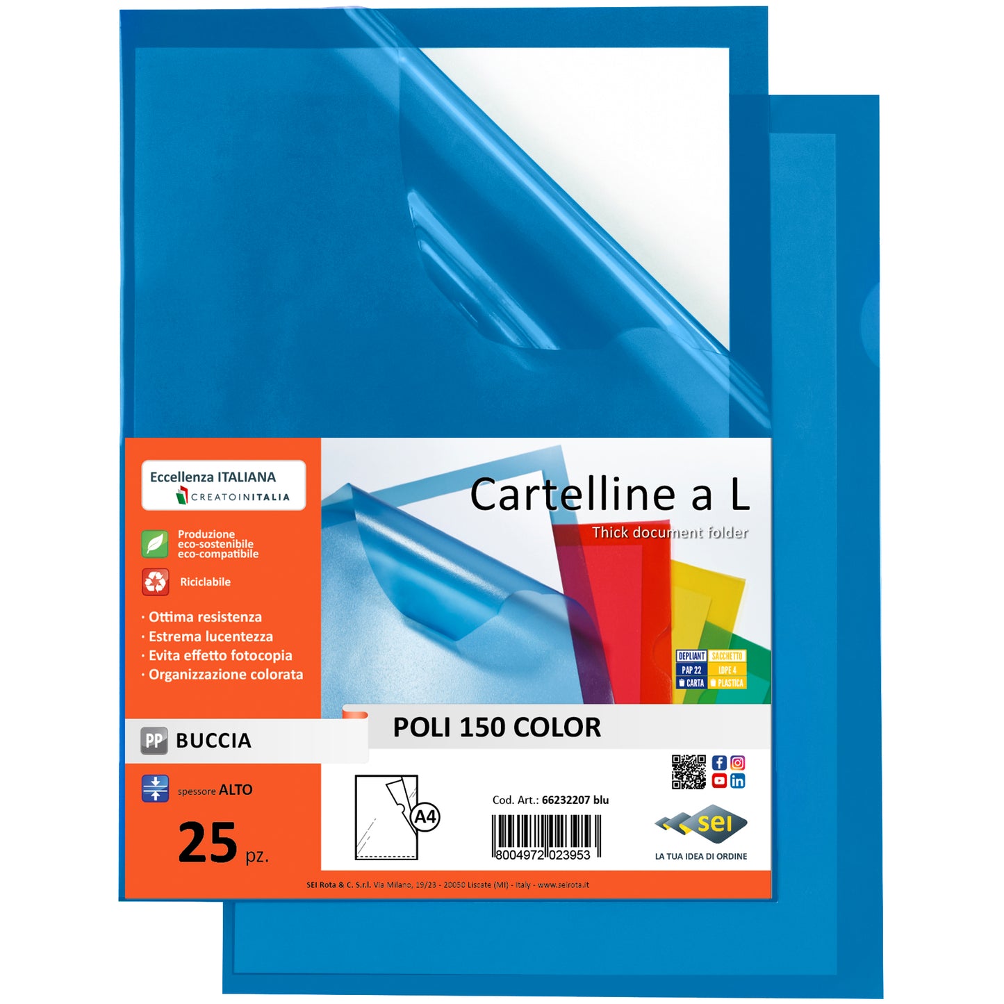 Cartellina a L Poli 150 Color - A4 - PP - buccia pesante - blu - Sei Rota - conf. 25 pezzi