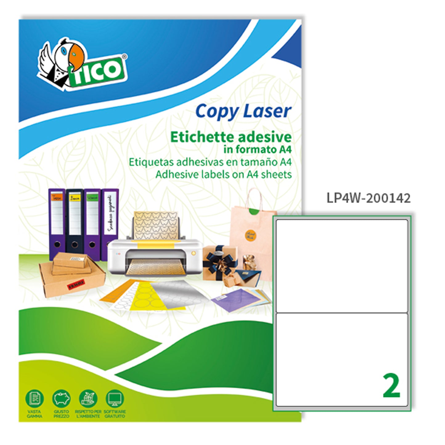 Etichette adesive LP4W - in carta - angoli arrotondati - permanenti - 200 x 142 mm - 2 et/fg - 100 fogli - bianco - Tico