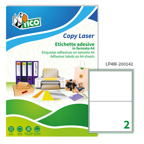 Etichette adesive LP4W - in carta - angoli arrotondati - permanenti - 200 x 142 mm - 2 et/fg - 100 fogli - bianco - Tico