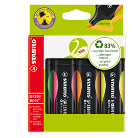 Evidenziatore Green Boss - punta a scalpello - tratto 2 - 5 mm - colori assortiti - 83% plastica riciclata - Stabilo - astuccio 4 pezzi