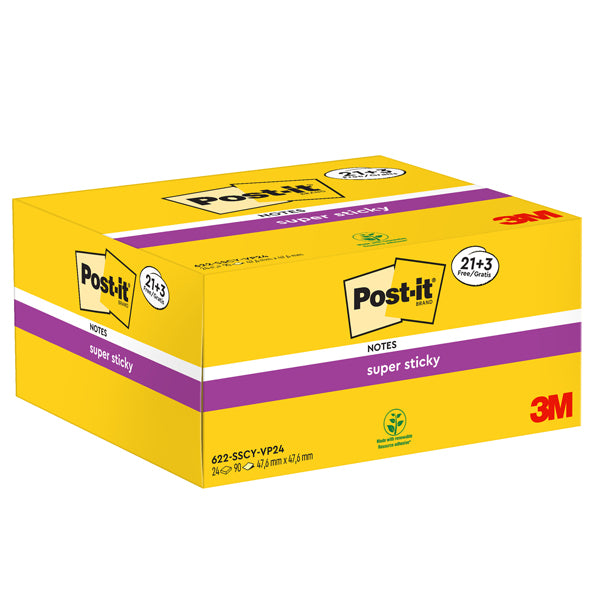 Blocco foglietti Post-it Super Sticky - 622-SSCY-VP24-EU - 47,6 x 47,6 mm - giallo Canary - 90 fogli - Post-it - conf. 24 blocchi