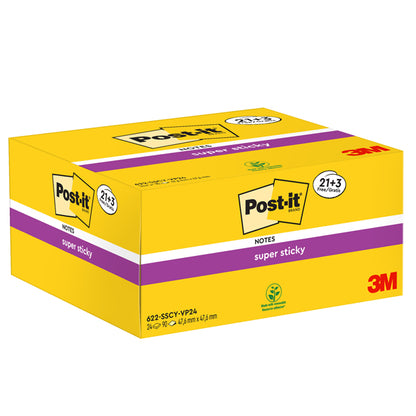 Blocco foglietti Post-it Super Sticky - 622-SSCY-VP24-EU - 47,6 x 47,6 mm - giallo Canary - 90 fogli - Post-it - conf. 24 blocchi