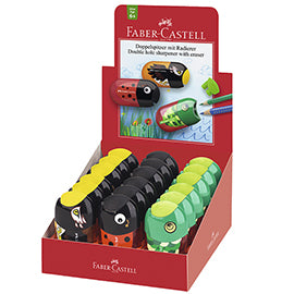 Temperamatite Animals con contenitore - 2 fori - con serbatoio e gomma assortiti - Faber-Castell