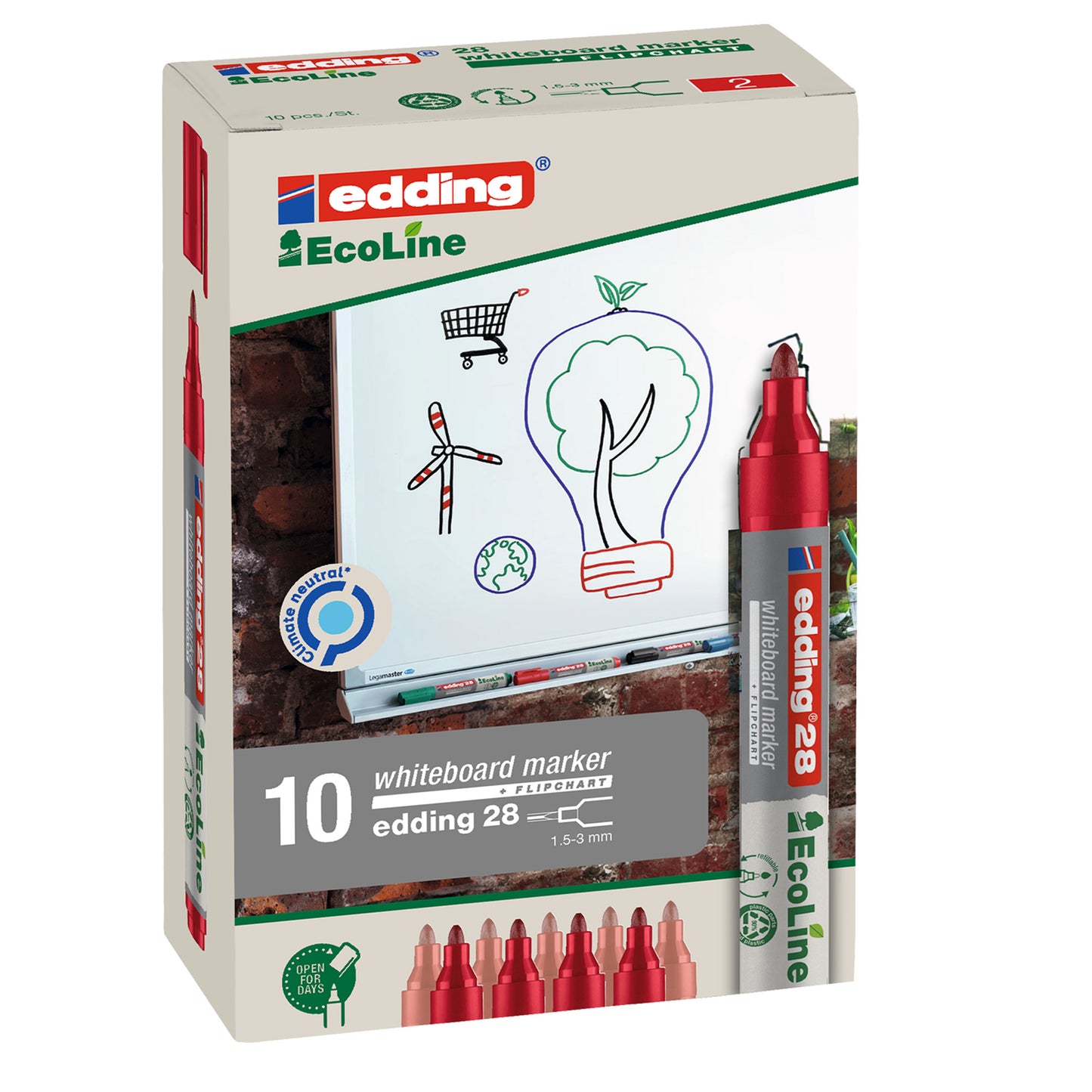 Marcatore per lavagne bianche 28 EcoLine - punta conica - da 1,5 a 3 mm - rosso - Edding