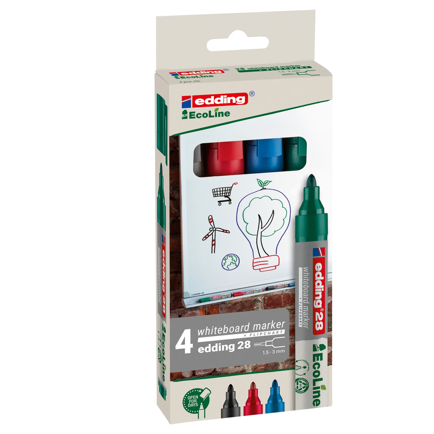 Marcatore per lavagne bianche 28 EcoLine - punta conica - da 1,5 a 3 mm - colori assortiti - Edding - astuccio 4 pezzi