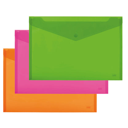 Busta con bottone - 33,5 x 23.5 cm - PP - colori assortiti fluo - Lebez - conf. 3 pezzi