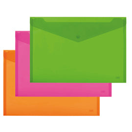 Busta con bottone - 33,5 x 23.5 cm - PP - colori assortiti fluo - Lebez - conf. 3 pezzi