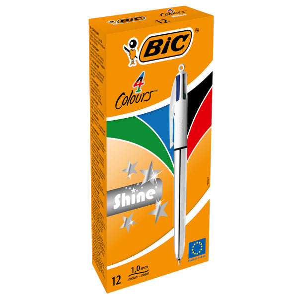 Penna sfera scatto multifunzione 4 Colors Shine - punta 1,0 mm - fusto silver - Bic - conf. 12 pezzi