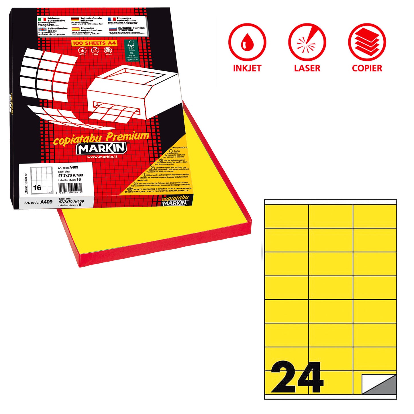 Etichette adesive C/500 - in carta - permanenti - 70 x 36 mm - 24 et/fg - 100 fogli - giallo fluo - Markin