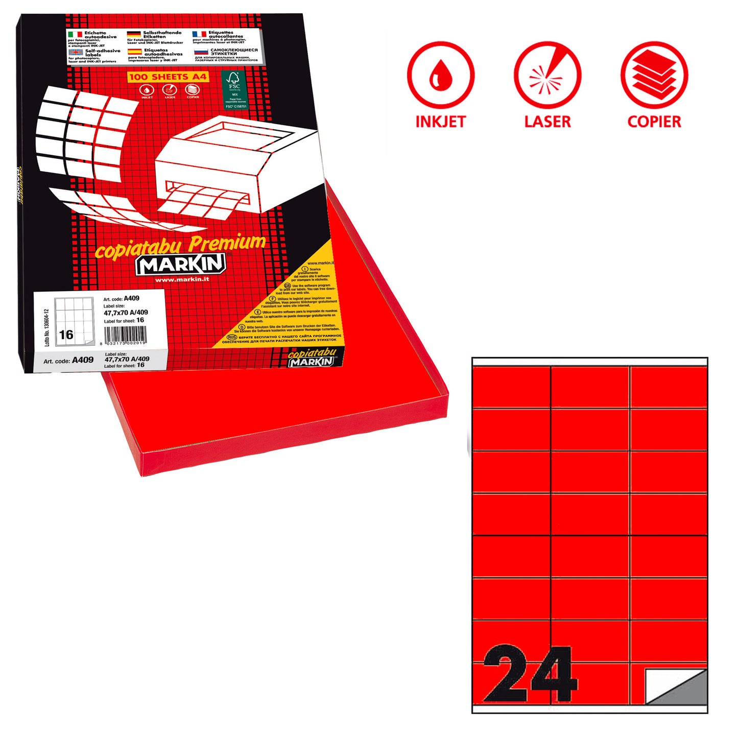 Etichette adesive C/500 - in carta - permanenti - 70 x 36 mm - 24 et/fg - 100 fogli - rosso fluo - Markin