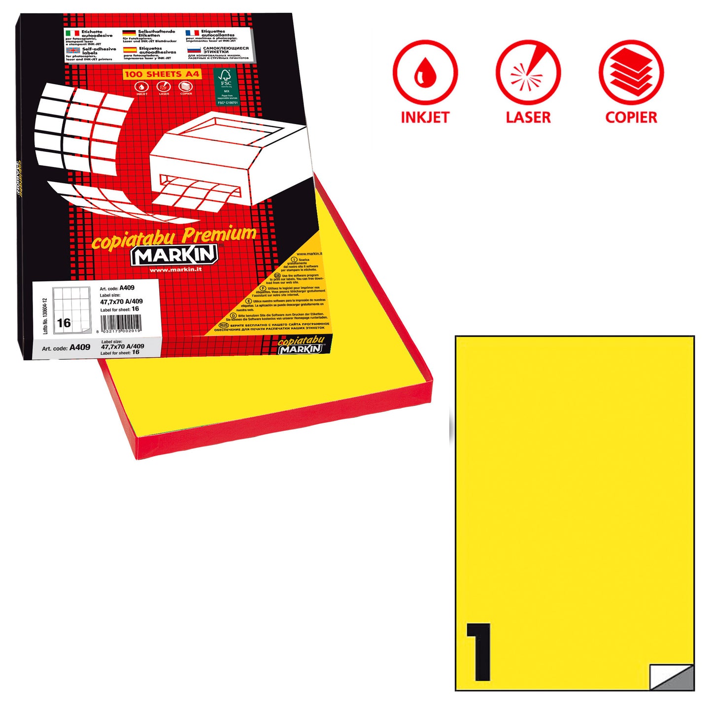 Etichette adesive C/503 - in carta - permanenti - 210 x 297 mm - 1 et/fg - 100 fogli - giallo fluo - Markin