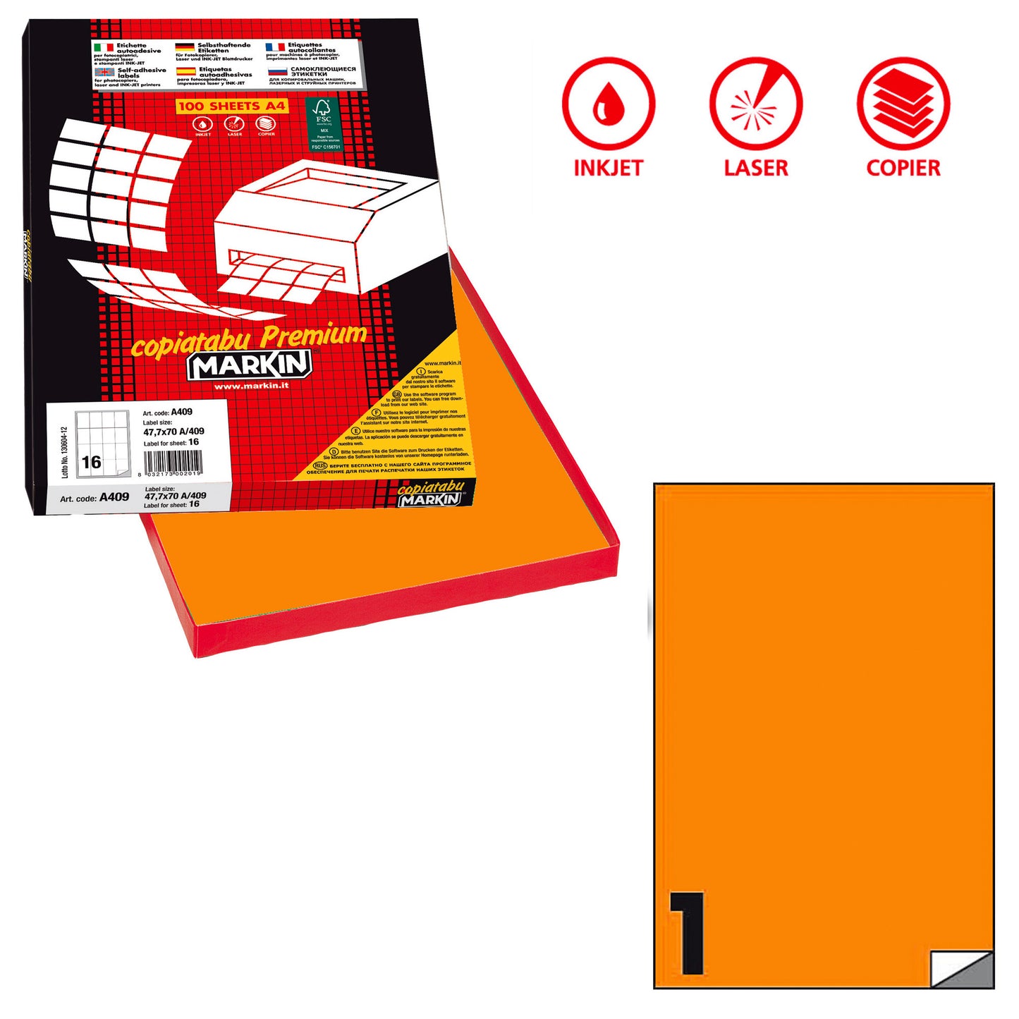 Etichette adesive C/503 - in carta - permanenti - 210 x 297 mm - 1 et/fg - 100 fogli - arancio fluo - Markin