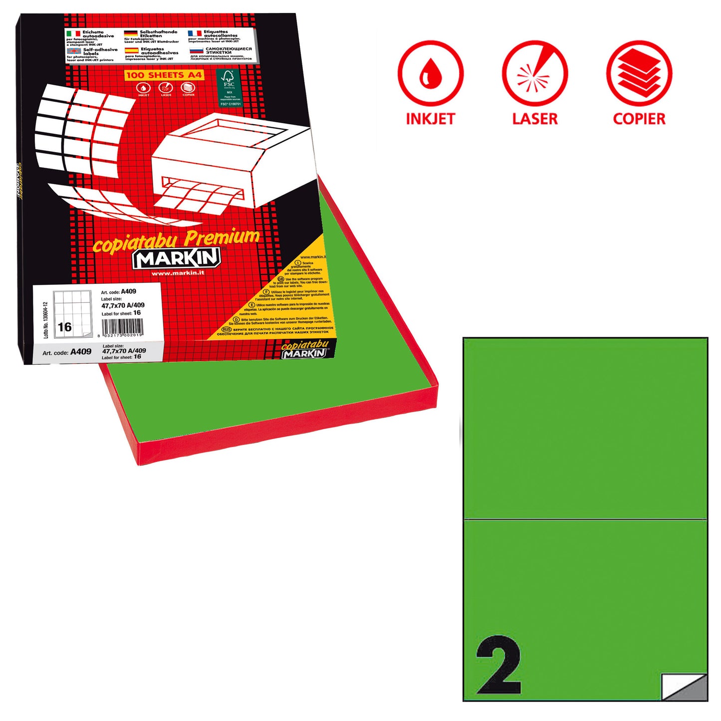 Etichette adesive C/509 - in carta - permanenti - 210 x 148,5 mm - 2 et/fg - 100 fogli - verde fluo - Markin