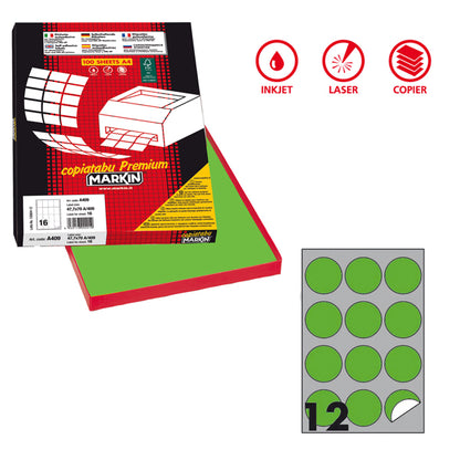Etichette adesive R/310 - in carta - permanenti - tonde - diametro 60 mm - 12 et/fg - 100 fogli - verde fluo - Markin