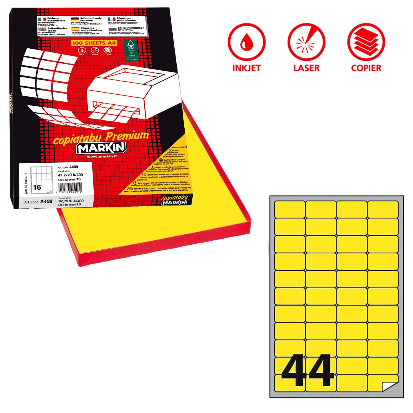 Etichette adesive A/406 - in carta - permanenti - 47,5 x 25,5 mm - 44 et/fg - 100 fogli - giallo fluo - angoli tondi - Markin