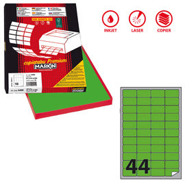 Etichette adesive A/406 - in carta - permanenti - 47,5 x 25,5 mm - 44 et/fg - 100 fogli - verde fluo - angoli tondi - Markin