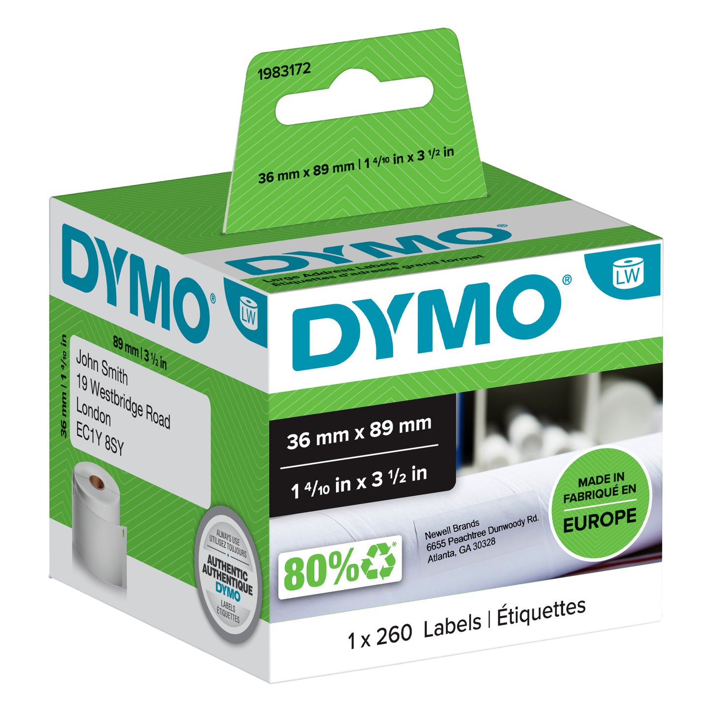 Rotolo 260 etichette LW 1983172 - 36 x 89 mm - carta - indirizzi estesi - bianco - Dymo