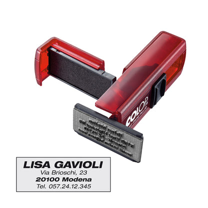 Timbro Pocket Stamp Plus 20 - 14 x 38 mm - 4 righe - autoinchiostrante - rosso rubino - Colop