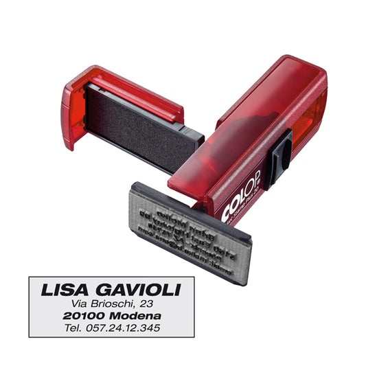 Timbro Pocket Stamp Plus 20 - 14 x 38 mm - 4 righe - autoinchiostrante - rosso rubino - Colop