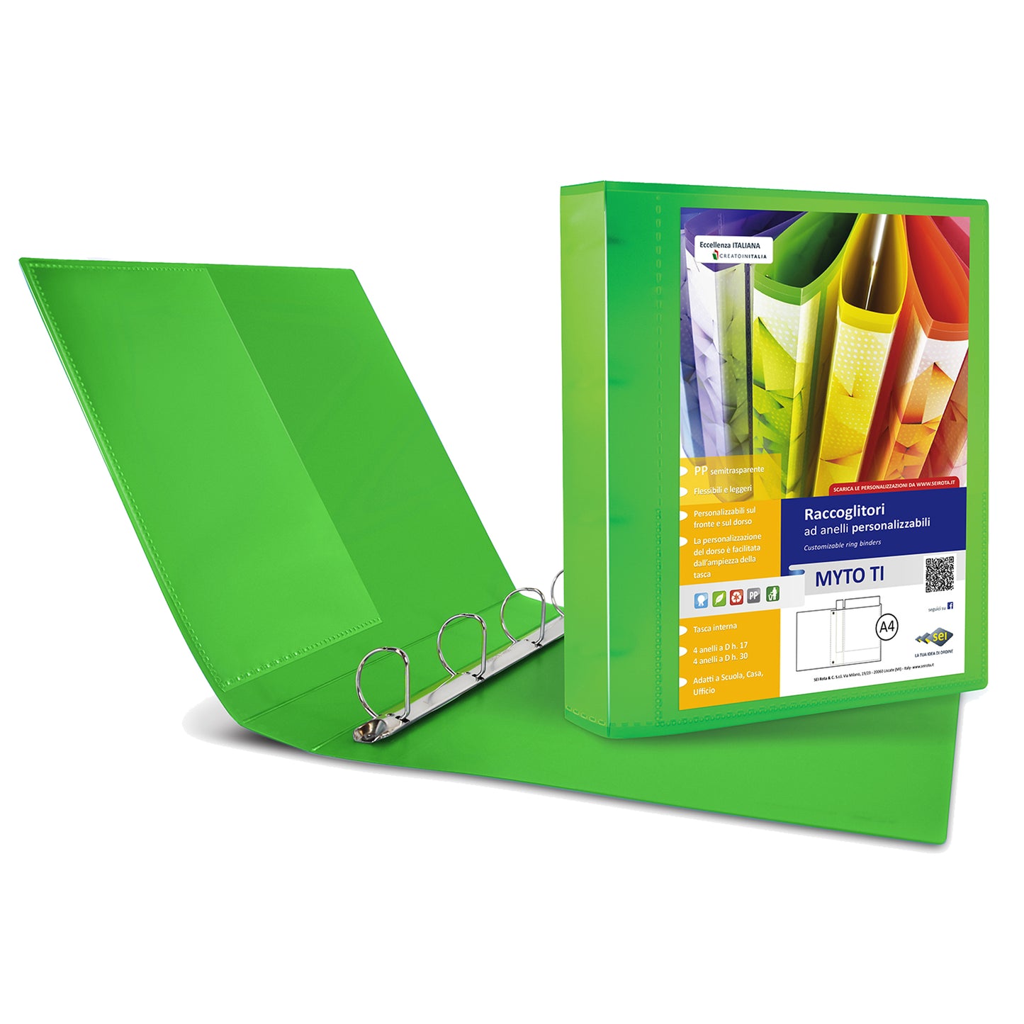 Raccoglitore personalizzabile Myto TI - 22 x 30 cm - 4 anelli a D 30 mm - dorso 4 cm - verde - Sei Rota