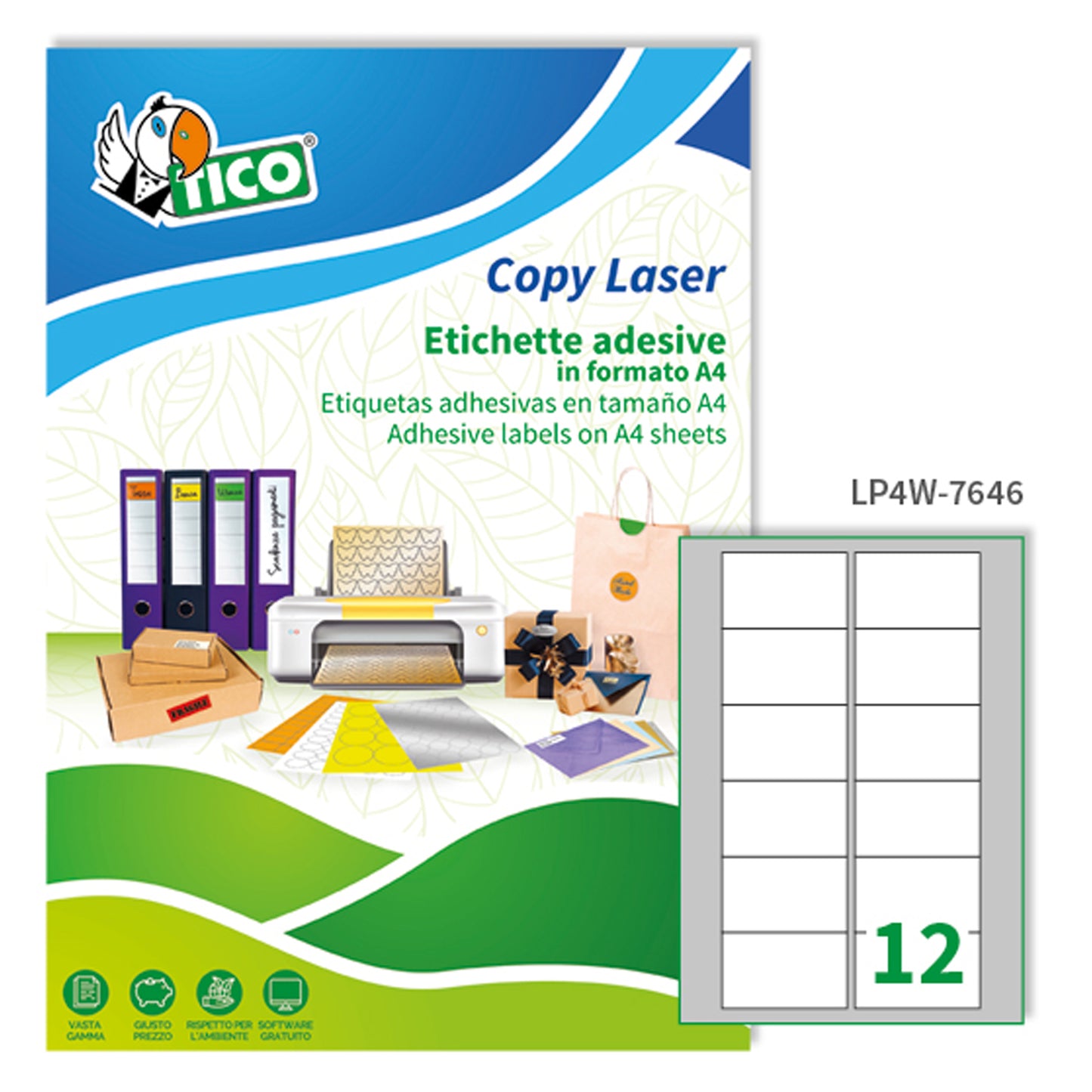 Etichette adesive LP4W - in carta - angoli arrotondati - permanenti - 76,2 x 46,4 mm - 12 et/fg - 100 fogli - bianco - Tico