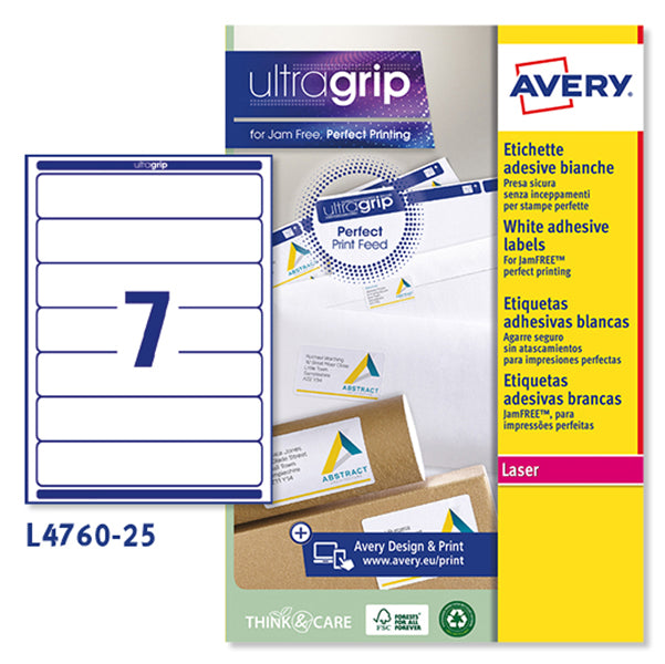 Etichette adesive L4760 - in carta - angoli arrotondati - permanenti - 192 x 38 mm - 7 et/fg - 25 fogli - bianco coprente - Avery