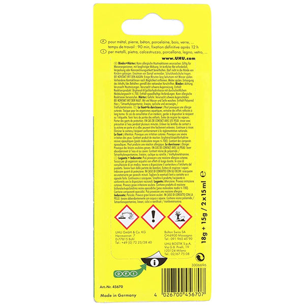 Colla bicomponente Plus 90 min - 30 ml (2x15ml) - trasparente - UHU