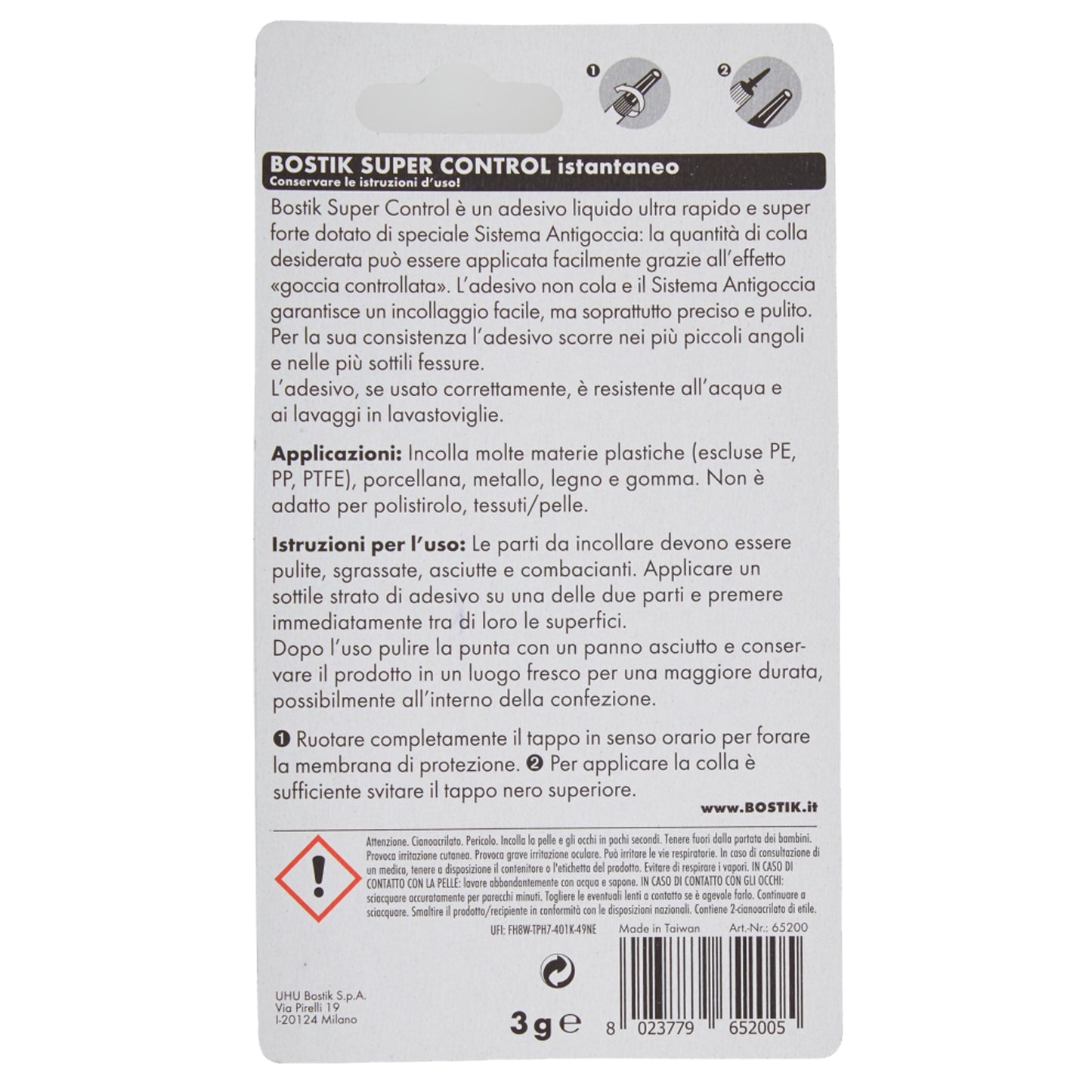 Colla istantanea universale Super Control - 3 gr - trasparente - Bostik