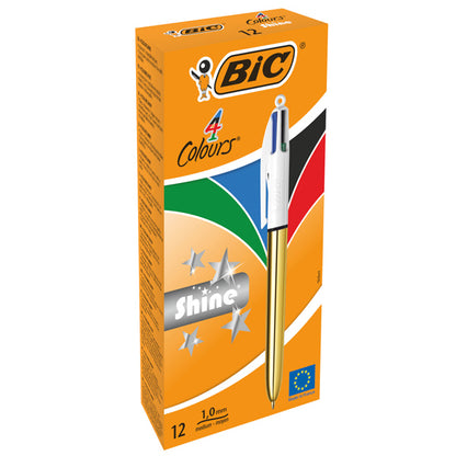 Penna sfera scatto multifunzione 4 Colors Shine - punta 1,0 mm - fusto oro - Bic – conf. 12 pezzi