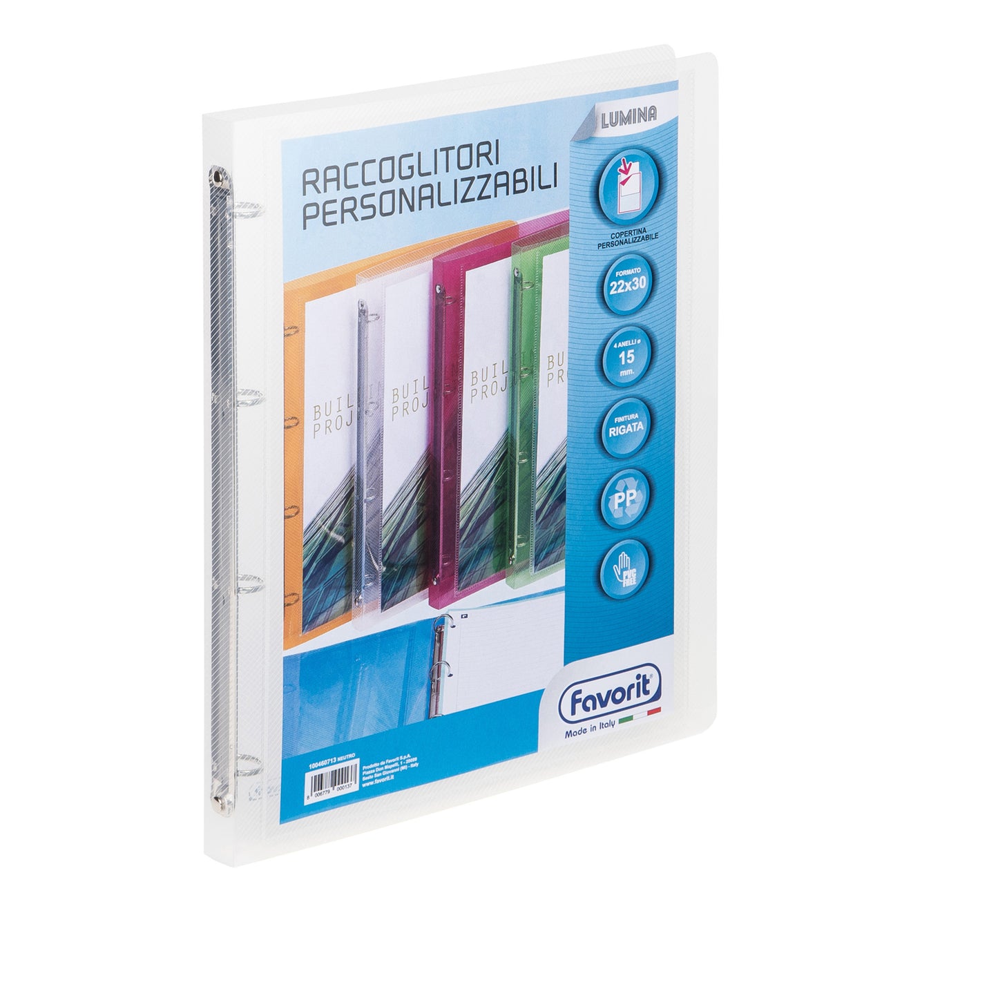 Raccoglitore personalizzabile Lumina - 22 x 30 cm - 4 anelli tondi 15 mm - PP - trasparente - Favorit